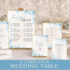 9 Wedding Table Sign Set Blue Floral Wedding Menu Drink Menu Timeline Seating Chart Table Numbers Place Cards Romantic Wedding Sign Editable