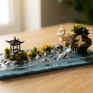 Handmade Resin Miniature Zen Garden Diorama, Japanese Pagoda Ocean Wave Micro Landscape, Unique Office Desk Decor, Housewarming Gift Idea
