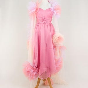 Peut inclure: Une robe rose vintage avec un décolleté en cœur et une taille cintrée, présentée sur un mannequin. La robe est associée à une cape transparente et superposée ornée d'accents de tulle rose et pêche. L'ensemble évoque une esthétique romantique et éthérée.
