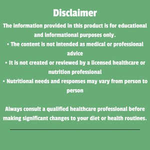 Peut inclure: Fond vert avec texte blanc indiquant &laquo;&nbsp;Avertissement&nbsp;&raquo;. Le texte pr&eacute;cise que les informations sont uniquement &agrave; des fins &eacute;ducatives et non des conseils m&eacute;dicaux. Il note &eacute;galement que les besoins nutritionnels peuvent varier.
