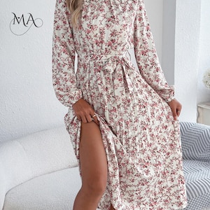 Vestido midi de mujer con estampado floral, pliegues, corte en A, cuello alto, manga larga y cintura ajustada. imagen 14