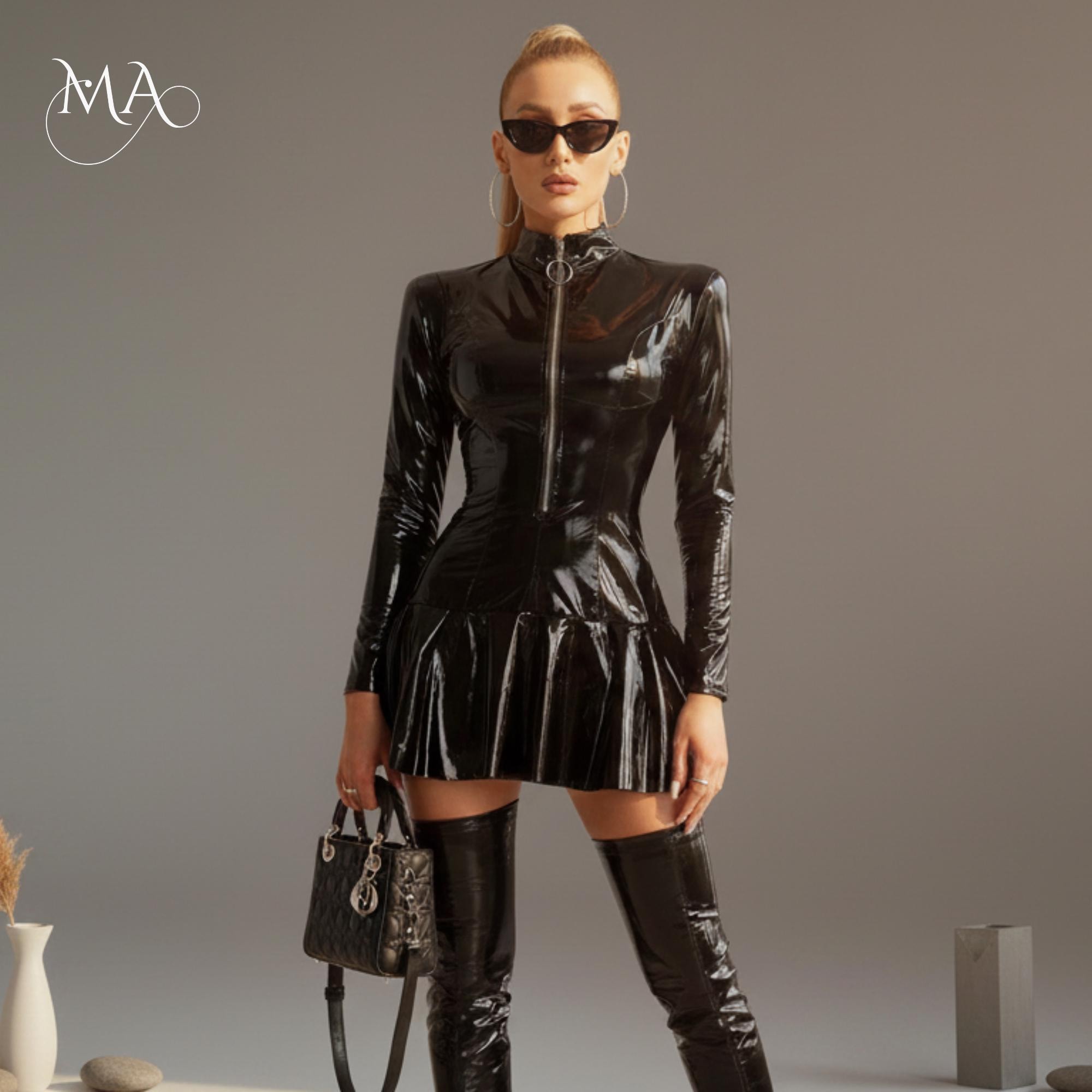 leather ruffle dress The Faux Leather Ruffle V-Neck Dress – orianalifestyle.com main image 0