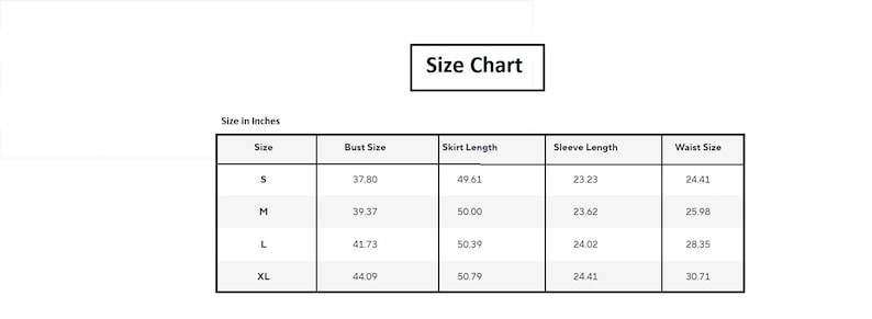 Puede incluir: Una tabla de tallas blanca con texto negro. La tabla muestra medidas en pulgadas para el busto, la longitud de la falda, la longitud de la manga y la cintura, con tallas de la S a la XL. El texto "Size Chart" est&aacute; en la parte superior.
