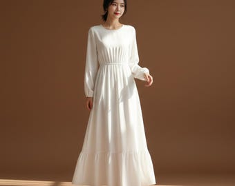Vestido largo de gasa lisa, escote redondo, manga larga, corte A, cintura imperio