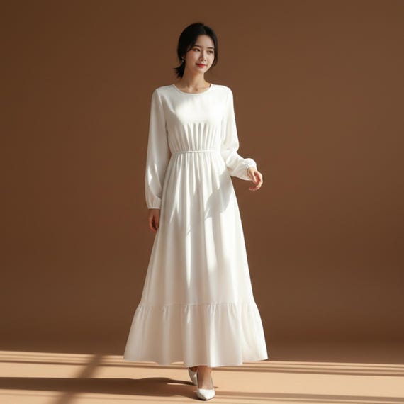 Solid Chiffon Maxi Dress, O-neck Full Sleeve A-line Empire Waist