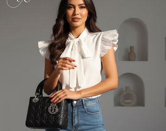 Camicetta formale da donna in chiffon a maniche lunghe con fiocco e volant