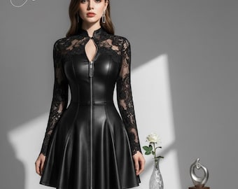 Vestido corto ajustado de manga larga con retazos de encaje y cuero para mujer