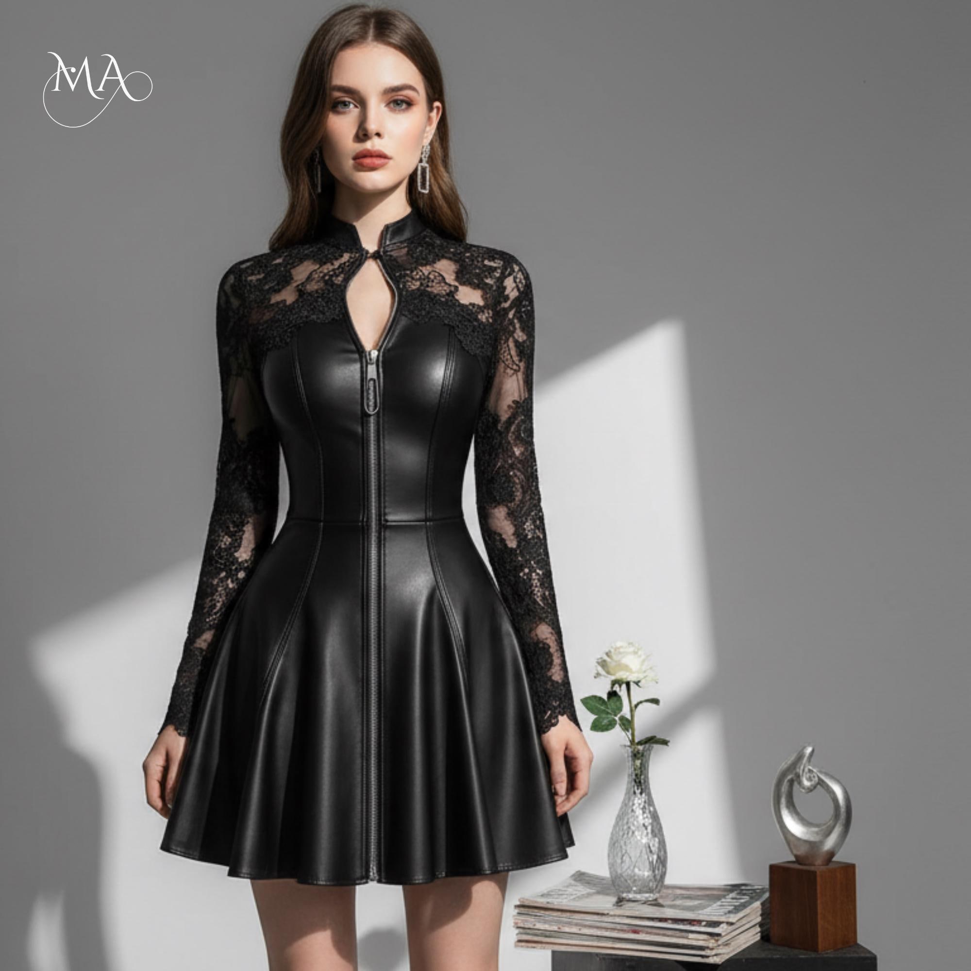 misha leather dress Misha Vegan Leather Guipure Midi Dress