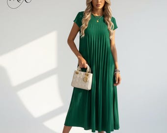 Vestido largo elegante de manga corta y cuello redondo para mujer, color liso, estilo swing, primavera-verano.