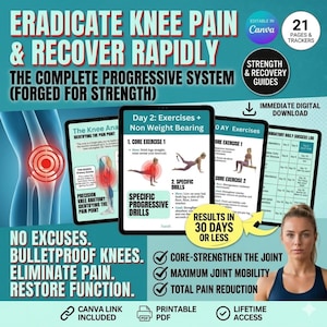 Könnte beinhalten: Eine teal- und weißfarbene Grafik, die für ein Knie-Schmerz-Genesungssystem wirbt. Das Bild enthält Text wie "Eradicate Knee Pain" und "Bulletproof Knees". Es enthält Bilder von Übungen und eine Frau, die den Betrachter ansieht. Das Produkt ist ein digitaler Download.