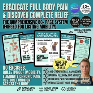 Puede incluir: Guía digital de bienestar con el texto « Erradicar el dolor de cuerpo completo y descubrir un alivio completo ». La imagen muestra a una mujer y varias tabletas que muestran instrucciones de ejercicios y diagramas anatómicos.