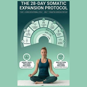 Könnte beinhalten: Eine Frau in einer Yoga-Pose sitzt unter einer Grafik mit dem Titel "The 28-Day Somatic Expansion Protocol". Die Grafik enthält Übungsnamen und einen 4-Wochen-Rotationszyklus. Das Bild enthält auch einen Herzfrequenz-Tracker und ein Reflexionsjournal.