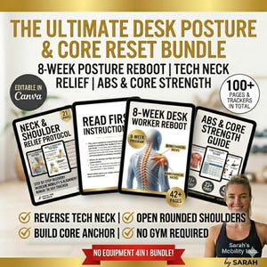 May include: Image of a bundle for desk posture and core reset. The text reads "The Ultimate Desk Posture & Core Reset Bundle". Includes 4 digital guides on tablets, with the text "Neck & Shoulder Relief Protocol", "Read First Instruction", "8-Week Desk Worker Reboot", and "Abs & Core Strength Guide".