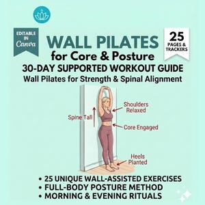 Op de afbeelding: Digitale gids "Wall Pilates voor Core & Houding" met een trainingsplan van 30 dagen. De afbeelding toont een vrouw die een wall pilates-oefening demonstreert. Tekst bevat "25 pagina's & trackers".