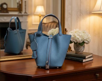 Bucket Padlock Handbag | Dusty Blue Pebbled Leather Tote | Elegant Top Handle Purse for Women