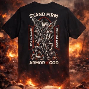 May include: Black t-shirt with a detailed graphic of an angel with a weapon and wings, and the text "STAND FIRM." Additional text includes "DESTROY EVIL," "PROTECT GOOD," and "ARMOR OF GOD." The design is set against a fiery background.