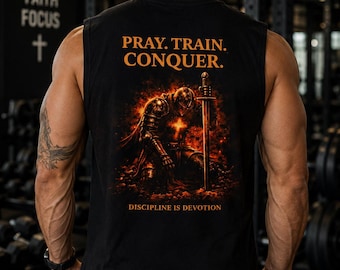 Camiseta sin mangas cristiana para gimnasio, camiseta "Pray Train Conquer", ropa deportiva de fe, camiseta sin mangas para entrenar con Jesús, ropa deportiva religiosa para hombre, camiseta sin mangas para hombres