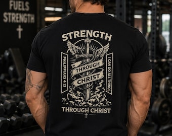 Camiseta cristiana para gimnasio, camiseta "Fuerza a través de Cristo", camiseta "Filipenses 4:13", ropa deportiva con temática de fe, camiseta con tinta de arcángel.