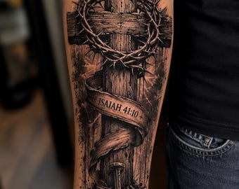 Diseño de tatuaje de cruz de Isaías 41:10 / Corona de espinas, clavos (descarga digital)