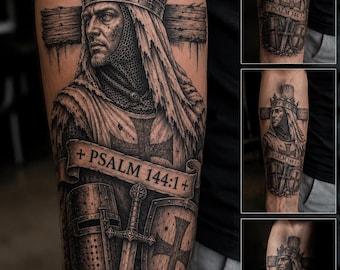 Diseño de tatuaje del rey Balduino IV, cruzado / Salmo 144:1, guerrero (descarga digital)