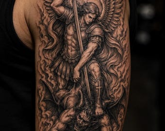 Plantilla de tatuaje de San Miguel derrotando al demonio / Diseño de tatuaje de Arcángel guerrero / Descarga PNG PDF de guerra espiritual