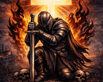 Diseño de tatuaje de guerra espiritual / Plantilla de caballero con armadura de Dios (Efesios 6:11)