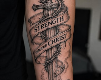 Diseño de tatuaje "Fuerza a través de Cristo" / Plantilla de tatuaje de espada cristiana / Descarga de PNG y PDF de tatuajes basados en la fe