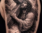 Jesus Carrying Cross Tattoo Design Bundle | Religious Tattoo Stencil | Christian Tattoo Flash | Forearm Sleeve Tattoo Download