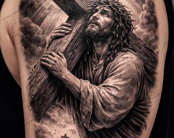Diseño de tatuaje de Jesús cargando la cruz / Plantilla religiosa, realismo en blanco y negro (descarga digital)