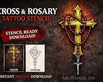Diseño de plantilla para tatuaje de rosario con cruz (descarga digital)