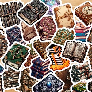 May include: A collection of fantasy-themed book stickers. The stickers feature various designs, including stacks of books, open books, and books with intricate details. Colors include brown, green, blue, and gold. Some stickers have a vintage or antique appearance.