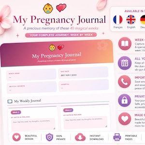 Peut inclure: Un journal de grossesse numérique avec un design dégradé rose et violet. Le journal comprend des sections pour les notes hebdomadaires, les contacts importants et les informations sur la date d'accouchement. Le texte indique "My Pregnancy Journal".