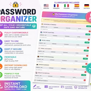 以下が含まれることがあります： 「PASSWORD ORGANIZER」の文字がターコイズ色で書かれた、印刷可能なパスワードオーガナイザー。ウェブサイト、ユーザー名、パスワード、メモ用のセクションが含まれています。完全にカスタマイズ可能で、使いやすいです。
