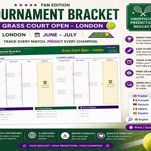 Könnte beinhalten: Ein weißes Turnierraster mit lila Akzenten, mit Text für die Grass Court Open in London. Enthält Abschnitte für Herren- und Damen-Einzel, mit dem Text "Verfolge jedes Match. Prognostiziere jeden Champion."