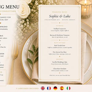 Può includere: Elegante modello di menu di nozze con un design classico dorato. Il menu include i nomi Sophie & Luke, la data e il luogo. Il menu misura 12,7 x 17,8 cm e include antipasti, portate principali e dessert.