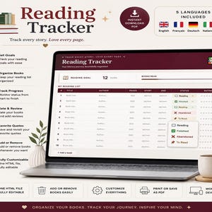 Peut inclure: Un ordinateur portable affiche un suivi de lecture numérique avec un en-tête bordeaux. L'écran montre une liste de livres avec des colonnes pour le titre, l'auteur et le statut. L'image comprend le texte "Reading Tracker" et des icônes pour les objectifs, l'organisation et les avis.