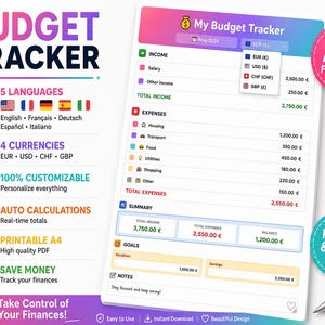 Peut inclure: Un modèle de suivi budgétaire avec un design coloré, comprenant des sections pour les revenus, les dépenses et les objectifs. Le document au format A4 comprend des options pour 5 langues et 4 devises. Le texte comprend "Budget Tracker".