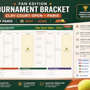 Könnte beinhalten: Ein Tennisturnier-Bracket mit dem Text "FAN EDITION TOURNAMENT BRACKET CLAY COURT OPEN - PARIS." Das Bracket enthält Abschnitte für Herren- und Damen-Einzel, mit Bereichen für Vorhersagen und Highlights. Das Design ist grün, weiß und orange.