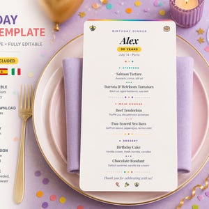 Può includere: Un modello di menu di compleanno con un design colorato e festoso. Il menu è su un piatto con una forchetta e coltelli dorati. Il menu include il testo "Cena di compleanno" e "Alex 30 anni". Il modello è completamente modificabile e include 5 lingue.