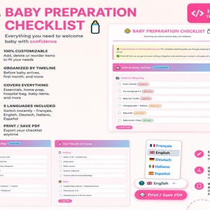 May include: A pink and white digital template titled "Baby Preparation Checklist." It includes sections for essential shopping, hospital bag, and first month at home. Features include customization, timeline organization, and five language options.
