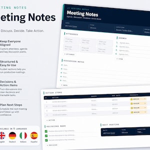 Peut inclure: Un modèle numérique de notes de réunion avec un en-tête bleu foncé et un fond blanc. Le modèle comprend des sections pour les participants, l'ordre du jour, les notes de discussion, les éléments d'action et les décisions prises. Le texte comprend "Meeting Notes".