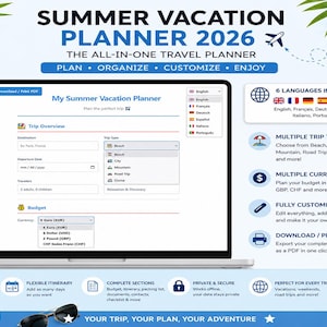 Peut inclure: Un écran d'ordinateur portable affiche un planificateur de voyage intitulé "Summer Vacation Planner 2026". Le planificateur propose plusieurs types de voyages, devises et langues. La conception comprend des icônes et du texte promouvant la personnalisation et l'exportation PDF.