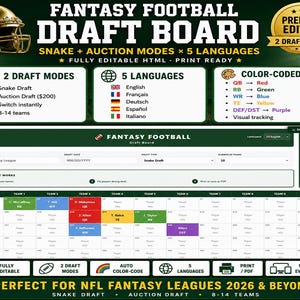 Peut inclure: Un tableau de draft de football fantastique avec le texte "Fantasy Football Draft Board" et "Snake + Auction Modes x 5 Languages". Le tableau comprend des positions de joueurs à code couleur, 2 modes de draft et prend en charge 5 langues. Le tableau est entièrement modifiable et prêt à imprimer.
