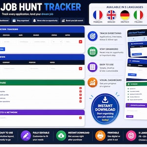 Peut inclure: Un outil numérique de suivi de recherche d'emploi avec un design bleu, blanc et violet. Le suivi comprend des sections pour le suivi des candidatures, les entretiens et la préparation. Texte : "Job Hunt Tracker" et "Téléchargement instantané". Disponible en 5 langues.
