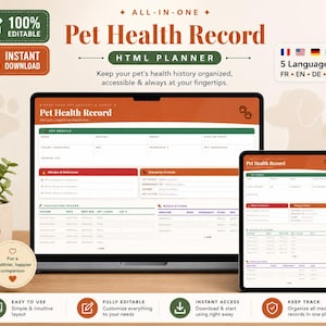 Peut inclure: Un dossier de santé numérique pour animaux de compagnie affiché sur un ordinateur portable et une tablette. La conception orange et verte comprend des sections pour le profil de l'animal, les allergies, les vaccinations et les médicaments. Le texte comprend "Pet Health Record" et "HTML Planner."