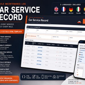 May include: A digital car service record template displayed on a tablet and smartphone. The template includes sections for vehicle information, service history, and cost tracking. The design features a dark background with orange and white text, and icons.