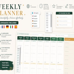 Peut inclure: Un planificateur hebdomadaire numérique au design épuré. Il propose 5 langues, des créneaux horaires personnalisés de 6h00 à 22h00 et un espace pour les principales priorités. Le texte indique "Weekly Planner" et "Planifiez magnifiquement. Réussissez sans effort."