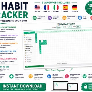 Peut inclure: Un suivi d'habitudes numérique vert et blanc avec le texte "Habit Tracker" et "Build Better Habits, Every Day!". Il propose une personnalisation, un suivi de la progression et un enregistrement PDF. Le tracker est disponible en 5 langues.