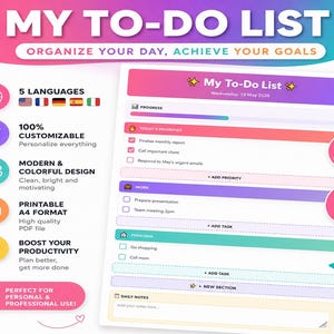 Peut inclure: Un modèle de liste de tâches numérique avec un design dégradé rose et violet. La liste comprend des sections pour les priorités, le travail et les tâches personnelles. Le texte sur l'image comprend "My To-Do List" et "Organize Your Day, Achieve Your Goals."