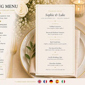Peut inclure: Un modèle de menu de mariage de la collection Classic Gold. Le menu présente un fond crème avec des accents dorés et une typographie élégante. Le menu comprend les noms Sophie & Luke, la date, le lieu et une liste de plats. Le menu est de 12,7 x 17,78 cm.